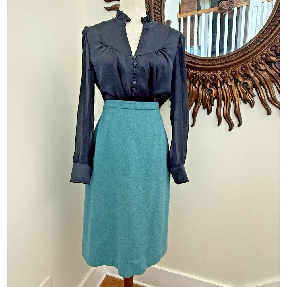 Vintage Pitlochry Knitwear Scotland Skirt Size 14 A-Line‎ Midi Wool Teal F/W